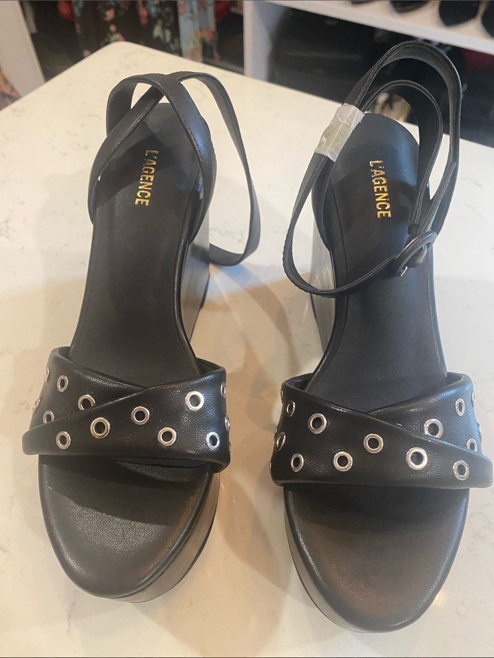 L'AGENCE Black Leather Grommet wedge Heels size 6
